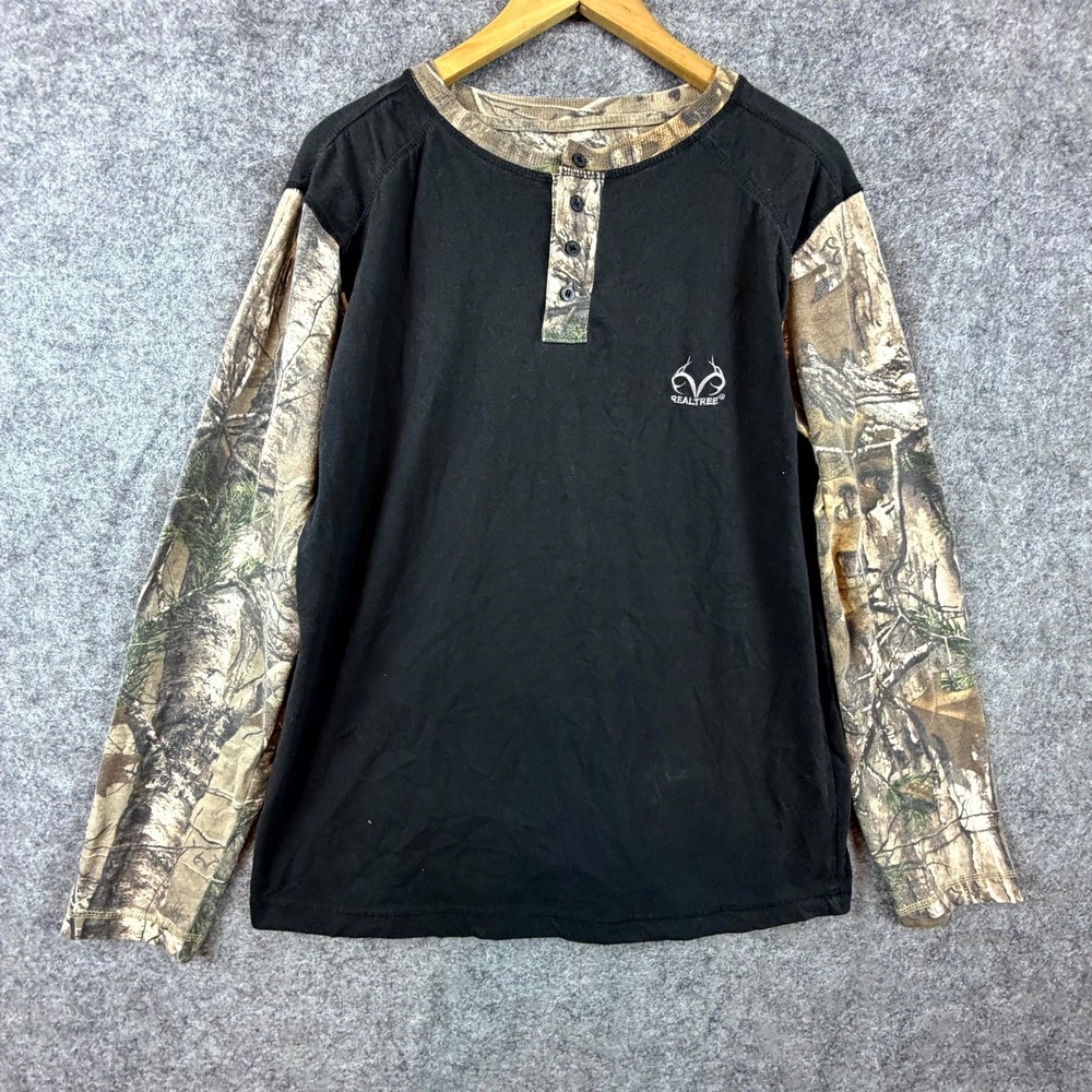 Realtree Camo Henley Shirt Mens XL Black Cotton Logo Long Sleeve Outdoor